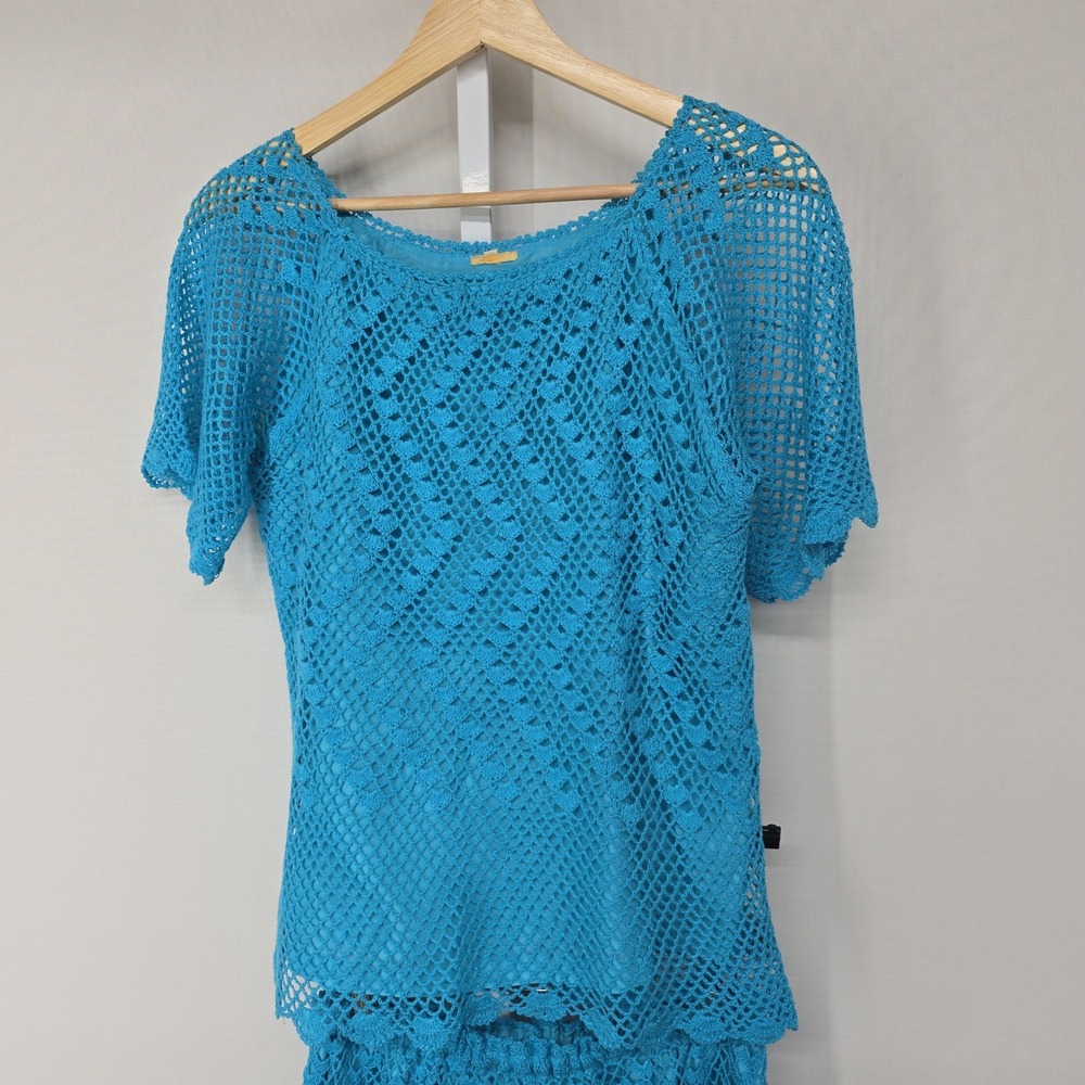 Vintage Amanda & Amanda Crochet Knit Matching‎ Set Top Skirt Blue Size Medium - Picture 3 of 10